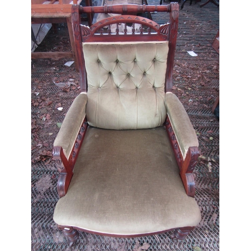 2256 - A late Victorian drawing room chair with green dralon upholstered seat, button back and arms within ... 