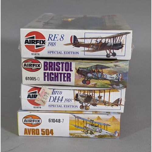 111 - Collection of model aircraft kits including Airfix Airco DH4, RAF RE8 and Bristol Fighter (all in or... 