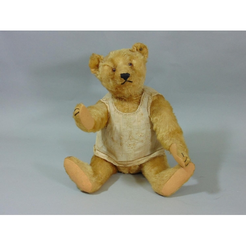 127 - Early 20th century teddy bear by Steiff with pin in ear, light brown fur, pronounced snout, stitched... 