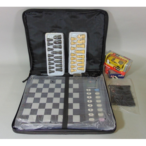 129 - Novag Obsidian Electronic chess set (untested) together with 3 boxed model vehicles