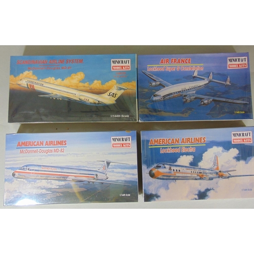 140 - 13 boxed model plane kits including 4 sealed in cellophane by Minicraft (MD82, MD81, Electra and Sup... 