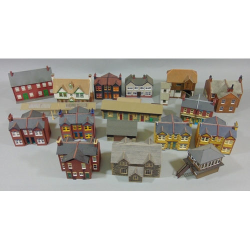 92 - Large collection of assembled model buildings in card and plastic plus fences, bridges, signals etc