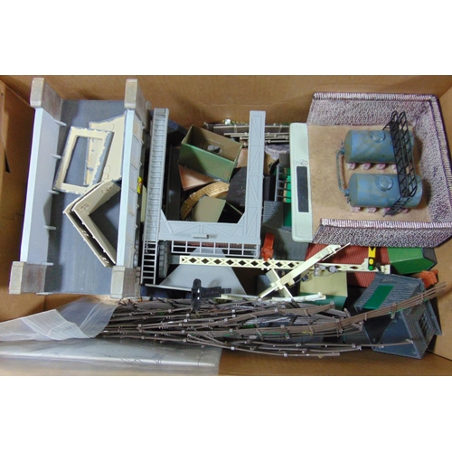 92 - Large collection of assembled model buildings in card and plastic plus fences, bridges, signals etc