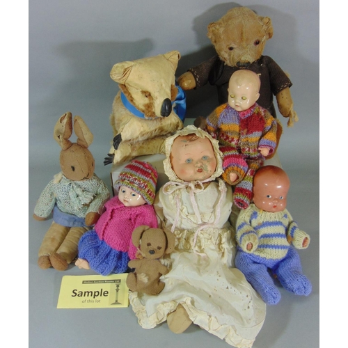 93 - Vintage dolls and teddies in need of restoration including bears, rabbits, composition baby dolls by... 