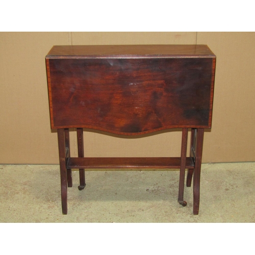 2349 - An inlaid Edwardian mahogany drop leaf Sutherland type table with satinwood banding, serpentine outl... 