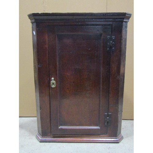 2358 - A Georgian oak hanging corner cupboard enclosed by a rectangular moulded panelled door with exposed ... 