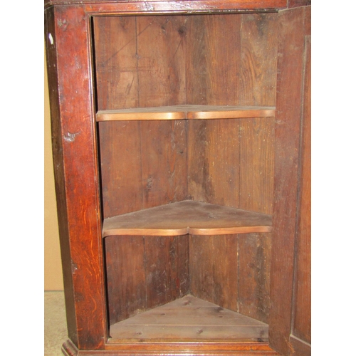 2358 - A Georgian oak hanging corner cupboard enclosed by a rectangular moulded panelled door with exposed ... 