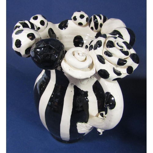 1123 - Mary Rose Young studio pottery - Jug with black and white stripes with applied further black and bal... 