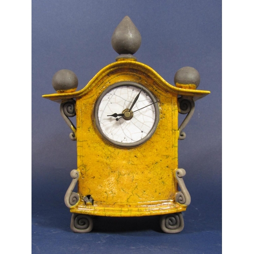 1125 - Raku pottery mantle clock by Stone Splitter, 27cm high