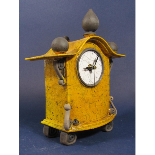 1125 - Raku pottery mantle clock by Stone Splitter, 27cm high