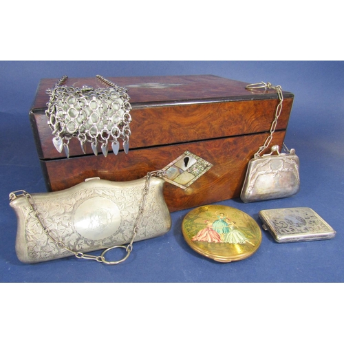 1904 - Victorian burr walnut and pearl inlaid box containing a collection of silver plated ladies purses to... 