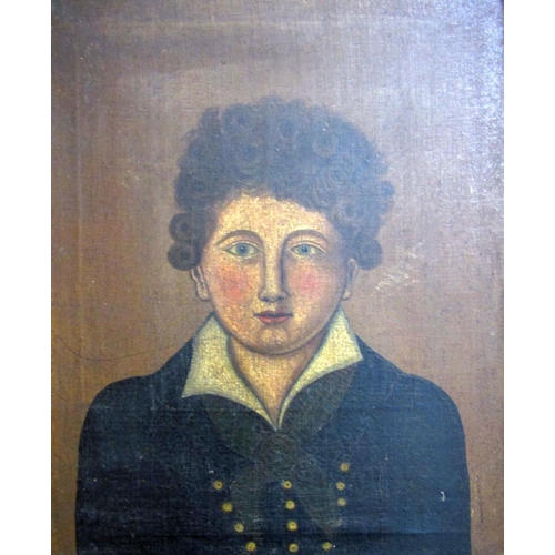 151 - 19th century school - Bust length portrait in the naive manner of a young boy with curly hair and dr... 