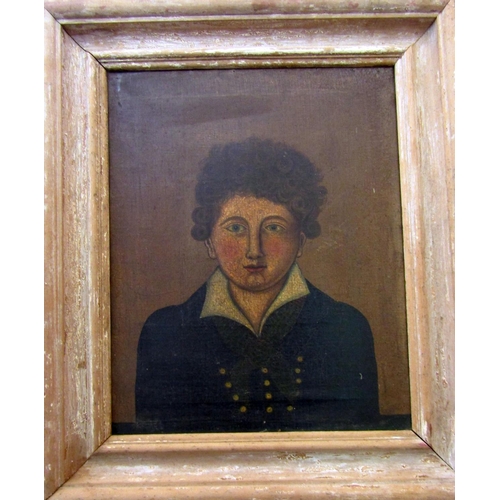 151 - 19th century school - Bust length portrait in the naive manner of a young boy with curly hair and dr... 