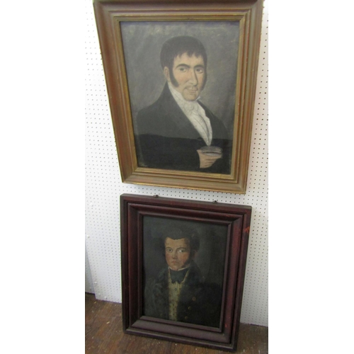 153 - Early 19th century school- Bust length portrait of a gentleman with floral waistcoat and dark colour... 