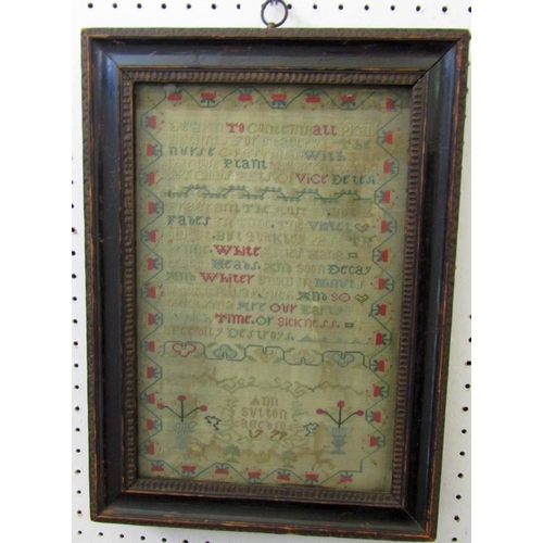 164 - 18th century needlework sampler by Ann Sutton aged 10, dated 1779, incorporating religious text, flo... 