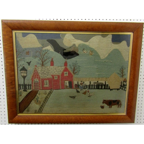 176 - 19th century needlework picture (possibly American) of a red brick farmhouse, with figure visible th... 