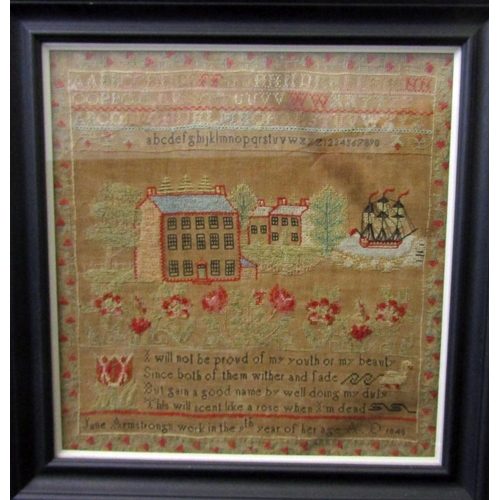 177 - Mid-19th century needlework sampler by Jane Armstrong worked in the 9th year of her age 1840, incorp... 