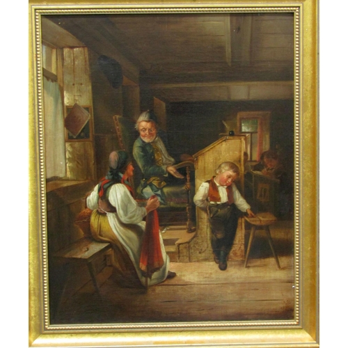 183 - 19th century school study of an interior scene in a school room with school master, elderly woman an... 