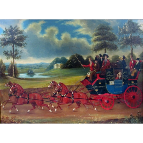 186 - 19th century coaching scene with the Royal Liverpool coach passing a country house and grounds, the ... 