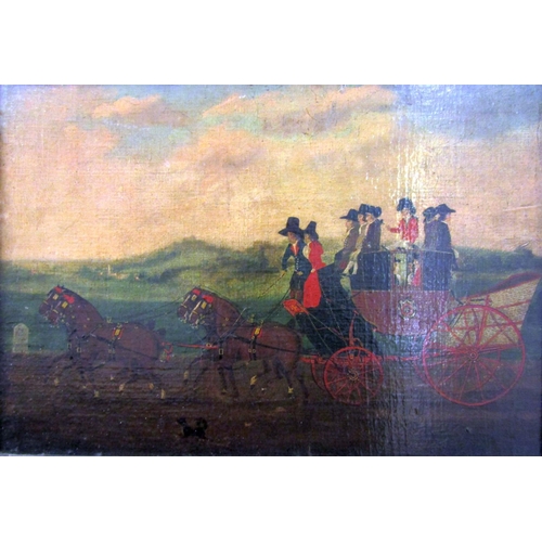 187 - Late 18th century naive school coaching scene with figures on the London to Brighton coach accompani... 