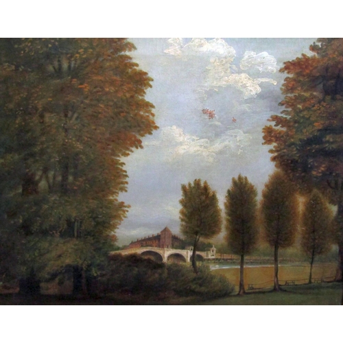 196 - 19th century school - Landscape scene at Twickenham with river, bridge and distant building, oil on ... 