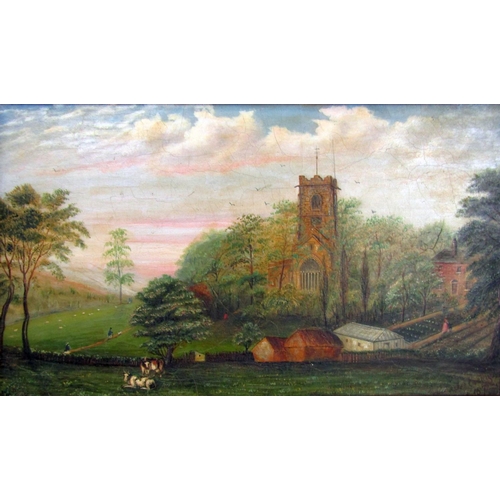 206 - 19th century naive school - Country landscape with church, red brick house, kitchen garden, cattle g... 