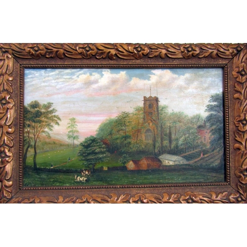 206 - 19th century naive school - Country landscape with church, red brick house, kitchen garden, cattle g... 