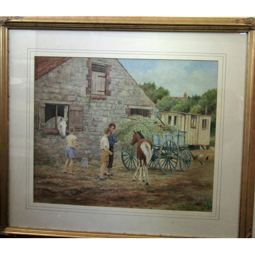 208 - A J Matcham (20th century British) - farmyard scene with children, foal, hay cart, etc, watercolour ... 