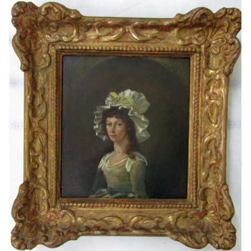 213 - 18th century half length portrait of a young woman in white mob cap, oil on board, 13 x11.5cm in gil... 