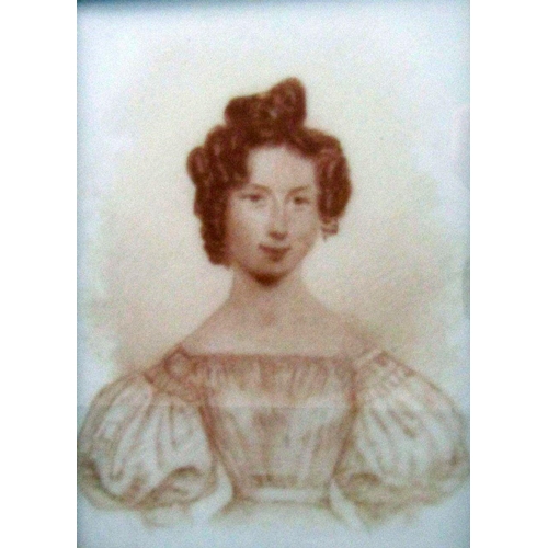 236 - Early 19th century school, waist length portrait of a young woman, sepia coloured paint on ceramic p... 