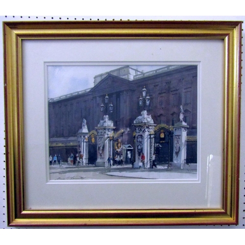 248 - Brian C Lancaster GRA (British 1931-2005) - View of the Gates of Buckingham Palace with figures, wat... 