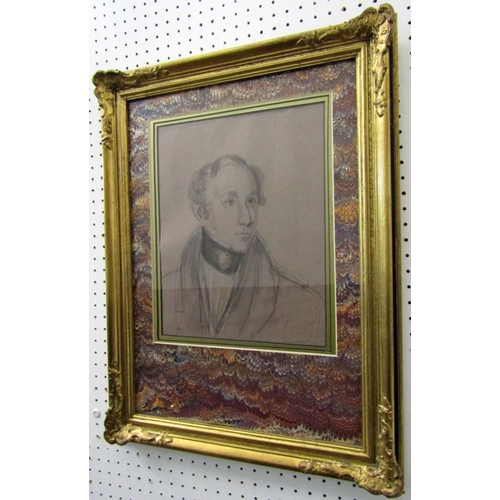 252 - A collection of pictures and prints including a bust length 19th century charcoal portrait of a gent... 