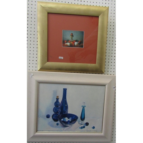 285 - Christine Russell (Contemporary local artist) - Still life with blue glass vases and marbles, oil on... 