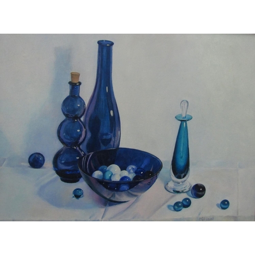 285 - Christine Russell (Contemporary local artist) - Still life with blue glass vases and marbles, oil on... 