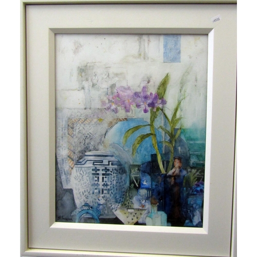 292 - Shirley Trevena RI (Contemporary British) - Blue Still Life at Rauffet, watercolour and mixed media ... 