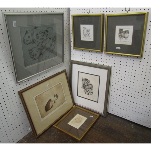 296 - A collection of six various signed monochrome etchings of cat subjects artists include Gilbert, Liss... 