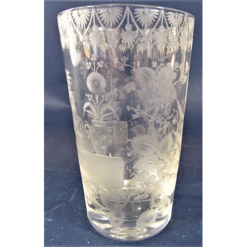 1207 - Good quality antique ale glass, etched with a humorous topless lady sat on a wall smoking a pipe, wi... 