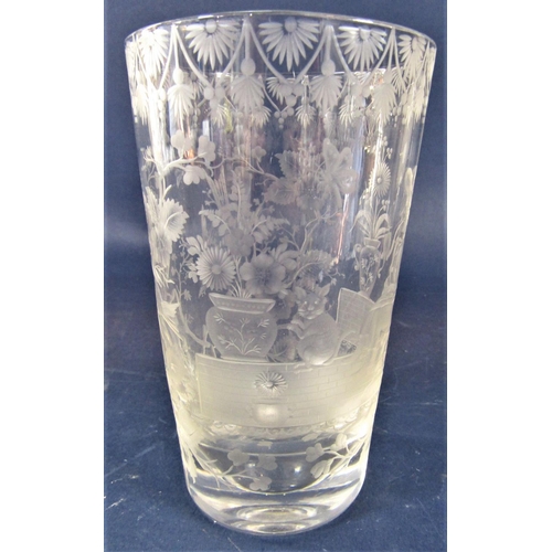 1207 - Good quality antique ale glass, etched with a humorous topless lady sat on a wall smoking a pipe, wi... 