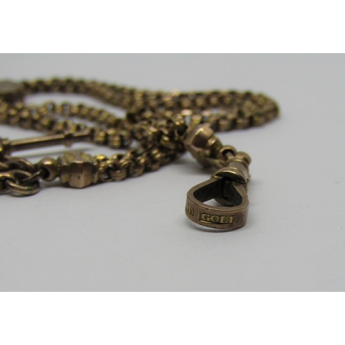 1344 - Yellow metal Albertina chain with tassel drop, clasp stamped 'solid gold' and 'B.G', 22cm long appro... 