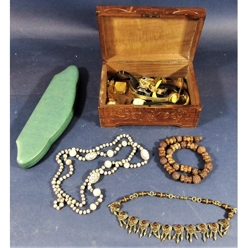 1417 - Mixed collection of costume jewellery to include a Mikimoto case, several watches, ethnic necklaces,... 