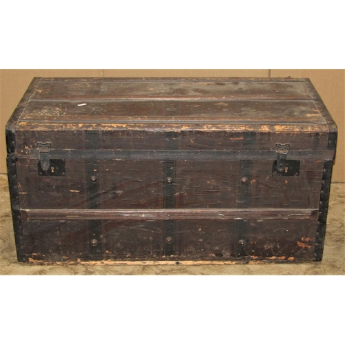 2192 - Two vintage wooden lathe bound and steel banded travelling trunks of varying size, the smaller with ... 