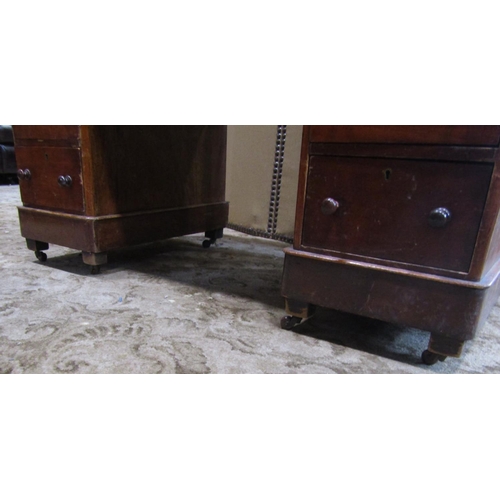 2195 - A Victorian mahogany kneehole twin pedestal, three sectional desk with worn inset leather panel top ... 