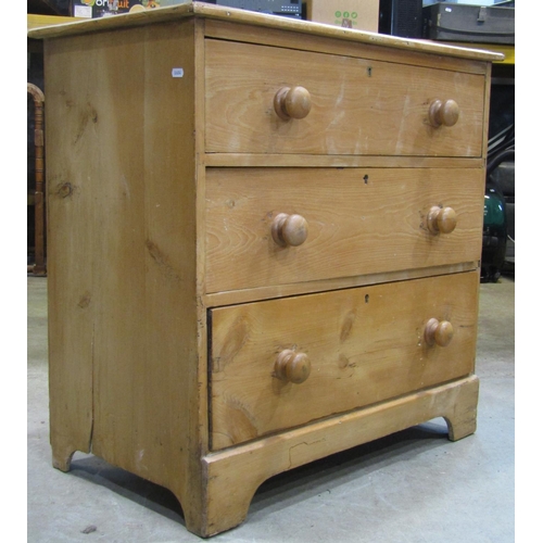 2231 - A small late Victorian/Edwardian stripped pine bedroom chest of three long drawers, 82cm wide x 44cm... 