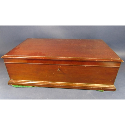 1223 - A good quality heavy mahogany canteen/silver box, 62 cm long, the hinged lid enclosing a large colle... 