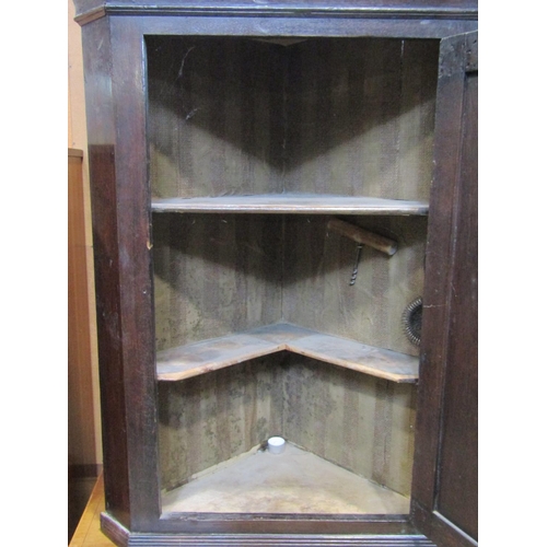 2264 - A Georgian oak hanging corner cupboard enclosed by a rectangular moulded panelled door with two fixe... 