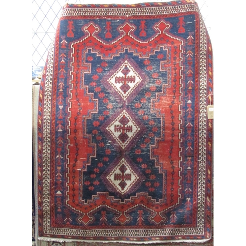 2462 - Antique Persian Hamadan three medallion rug with white medallions upon a blue and red ground, 210 x ... 