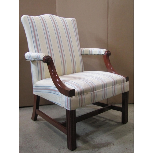 2315 - A pair of reproduction Gainsborough style open armchairs with cream ground striped upholstery, camel... 