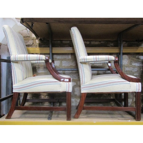 2315 - A pair of reproduction Gainsborough style open armchairs with cream ground striped upholstery, camel... 