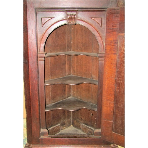 2342 - A Georgian oak hanging corner cupboard enclosed by a rectangular fielded arched moulded panelled doo... 