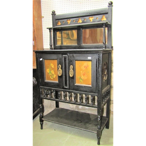 2386 - A late Victorian aesthetic movement period ebonised side cabinet with applied mouldings, painted flo... 